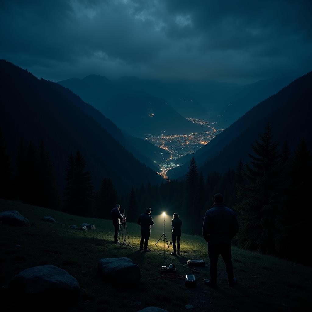 Paranormal Investigation Team Setting Up Equipment on a Mountainside