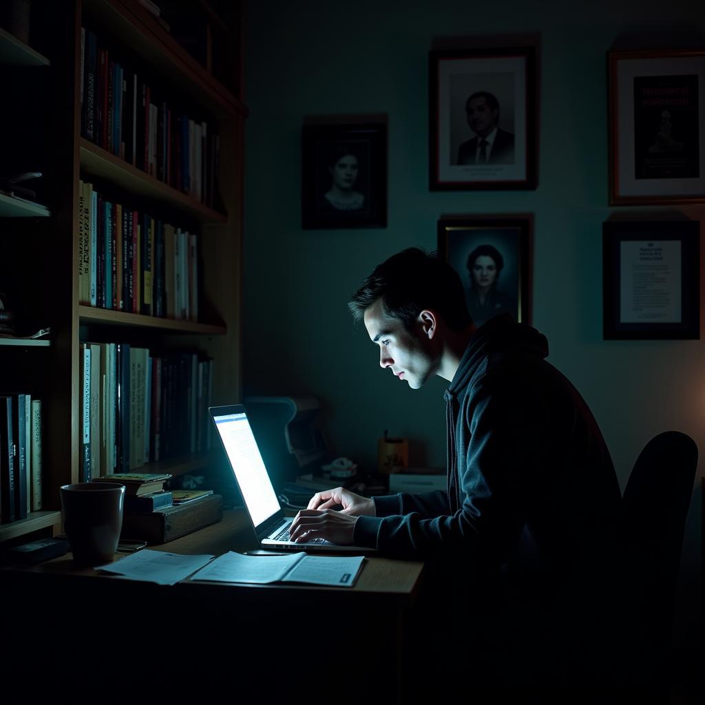 Paranormal researcher working from their home office, surrounded by books, notes, and a laptop.