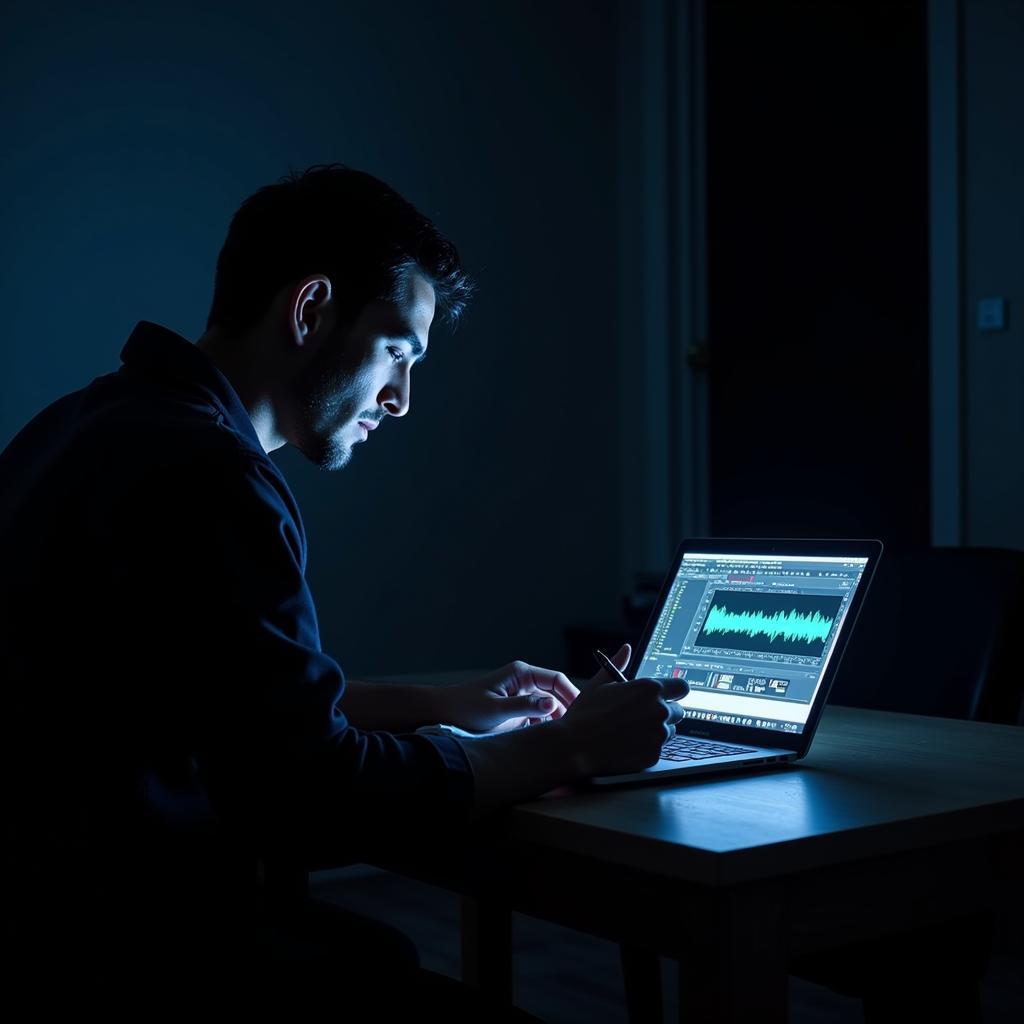 A paranormal research agent analyzing data on a laptop