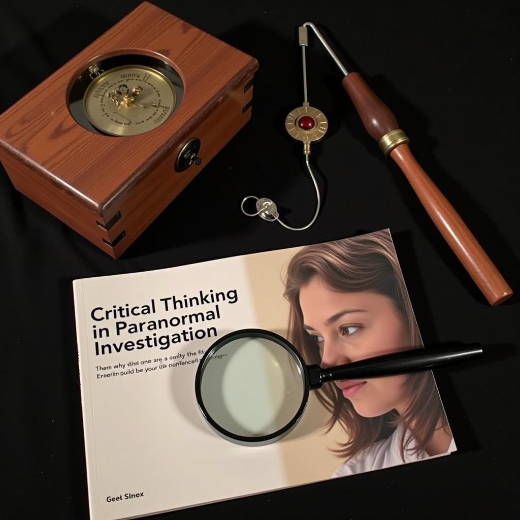 Paranormal research equipment and a magnifying glass symbolizing critical thinking