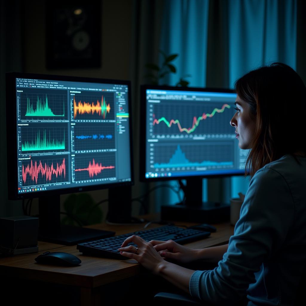 Paranormal Research Data Analysis: A researcher analyzing data graphs and charts from a paranormal investigation on a computer screen, signifying the importance of data analysis in drawing conclusions.