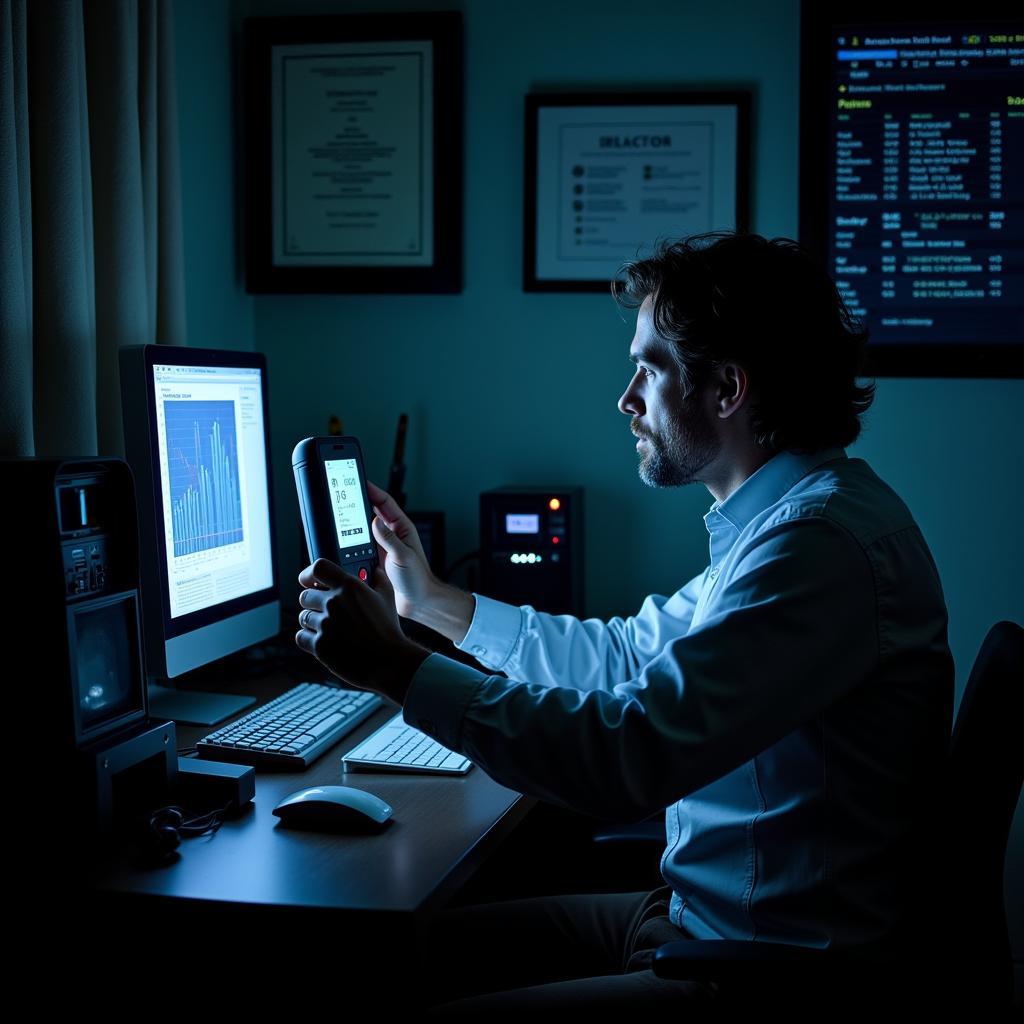 Director of Paranormal Research in a lab setting, examining equipment and data.