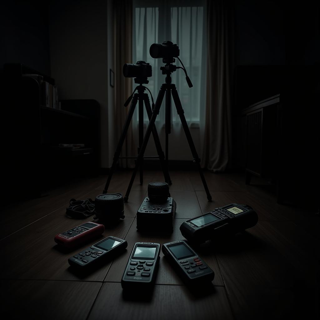 Various pieces of paranormal research equipment set up in a dark room, including cameras, EMF meters, and recording devices.