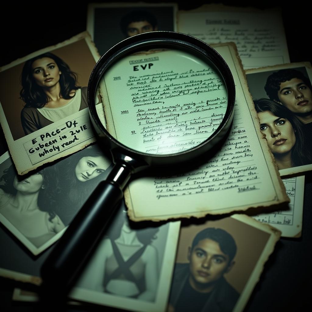 Paranormal Research Quality Evidence: A magnifying glass hovering over various pieces of evidence, including EVP recordings, photographs, and written testimonies, symbolizing the scrutiny required in quality paranormal research.