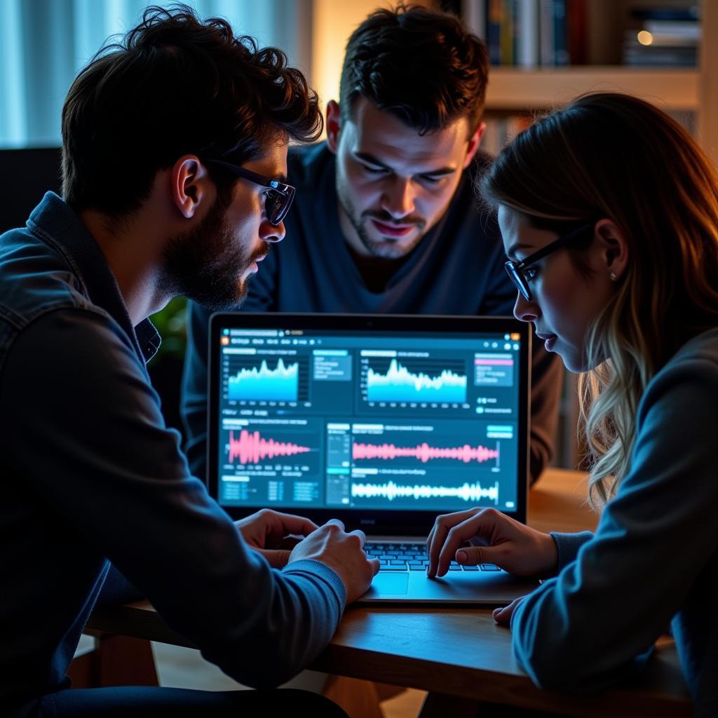 A team of paranormal researchers analyzing data on a laptop, with charts and graphs displayed on the screen.