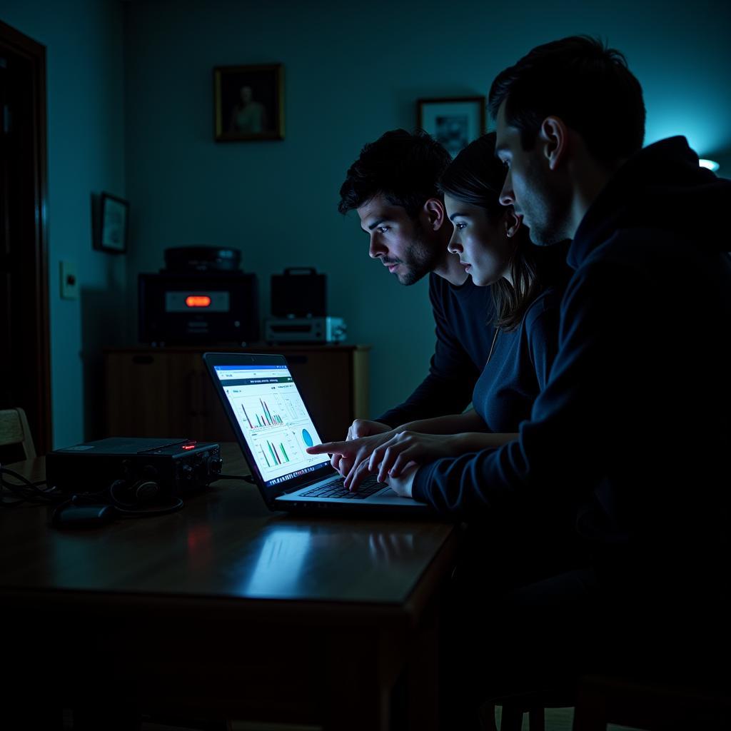 Paranormal research team discussing statistical data.