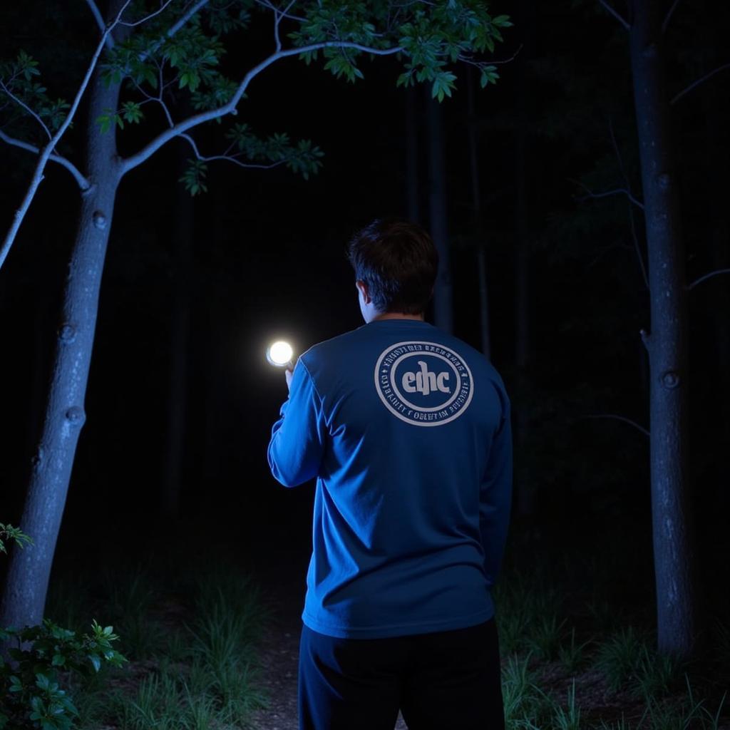 Paranormal researcher wearing Outdoor Research Echo Long Sleeve shirt in a forest at night