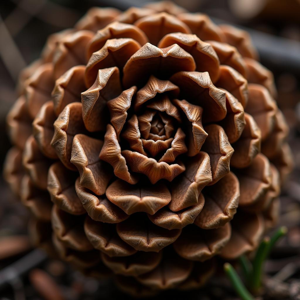 Pine cone exhibiting the Fibonacci spiral, a mathematical sequence found in nature.