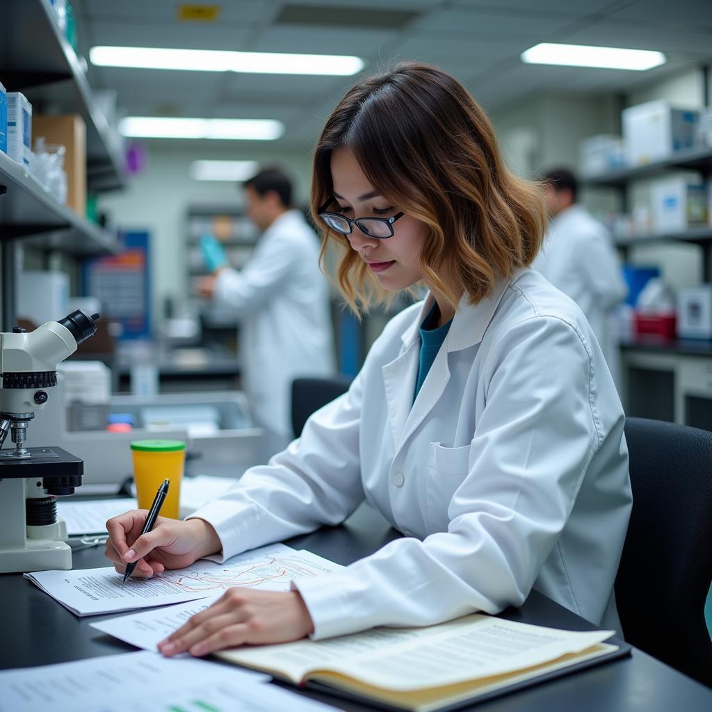 A researcher working in a lab, surrounded by equipment and notes, engrossed in their work.