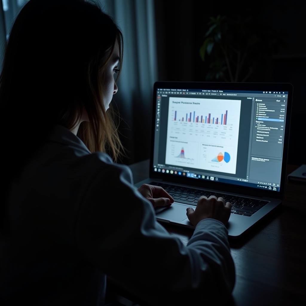 A professional paranormal researcher analyzing data on a laptop in a dimly lit room.