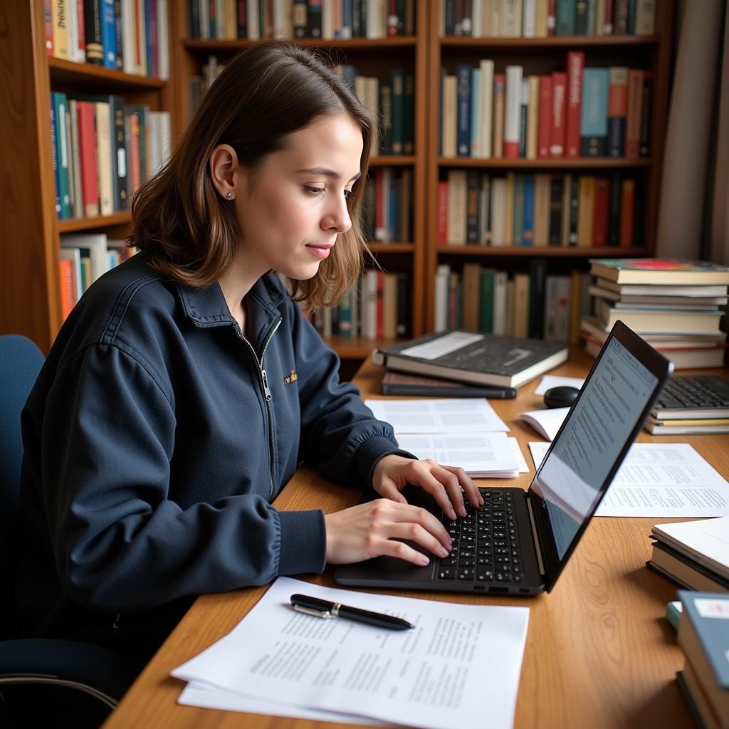 Psychology research topics for students: A student diligently working on a research paper about psychology, surrounded by books and notes.