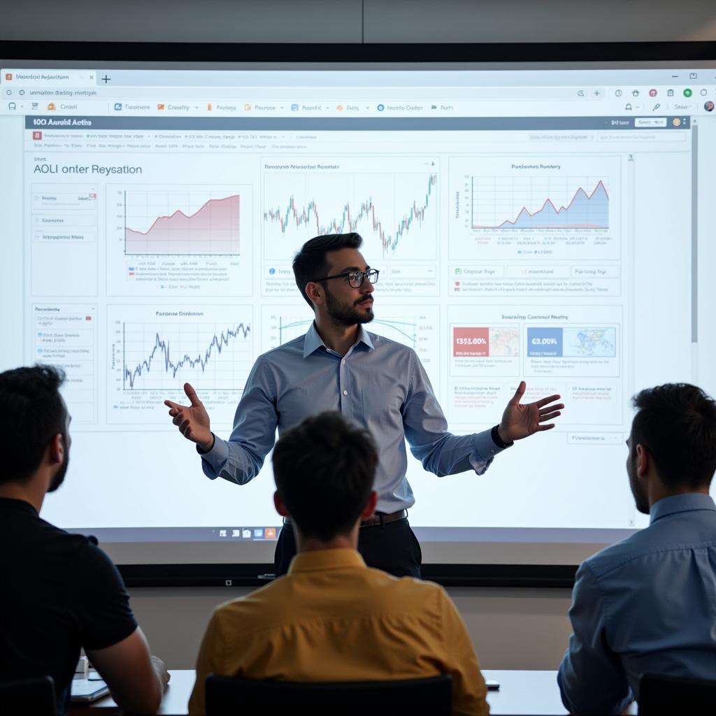 A quant researcher presents their research findings to a team of colleagues in a conference room.