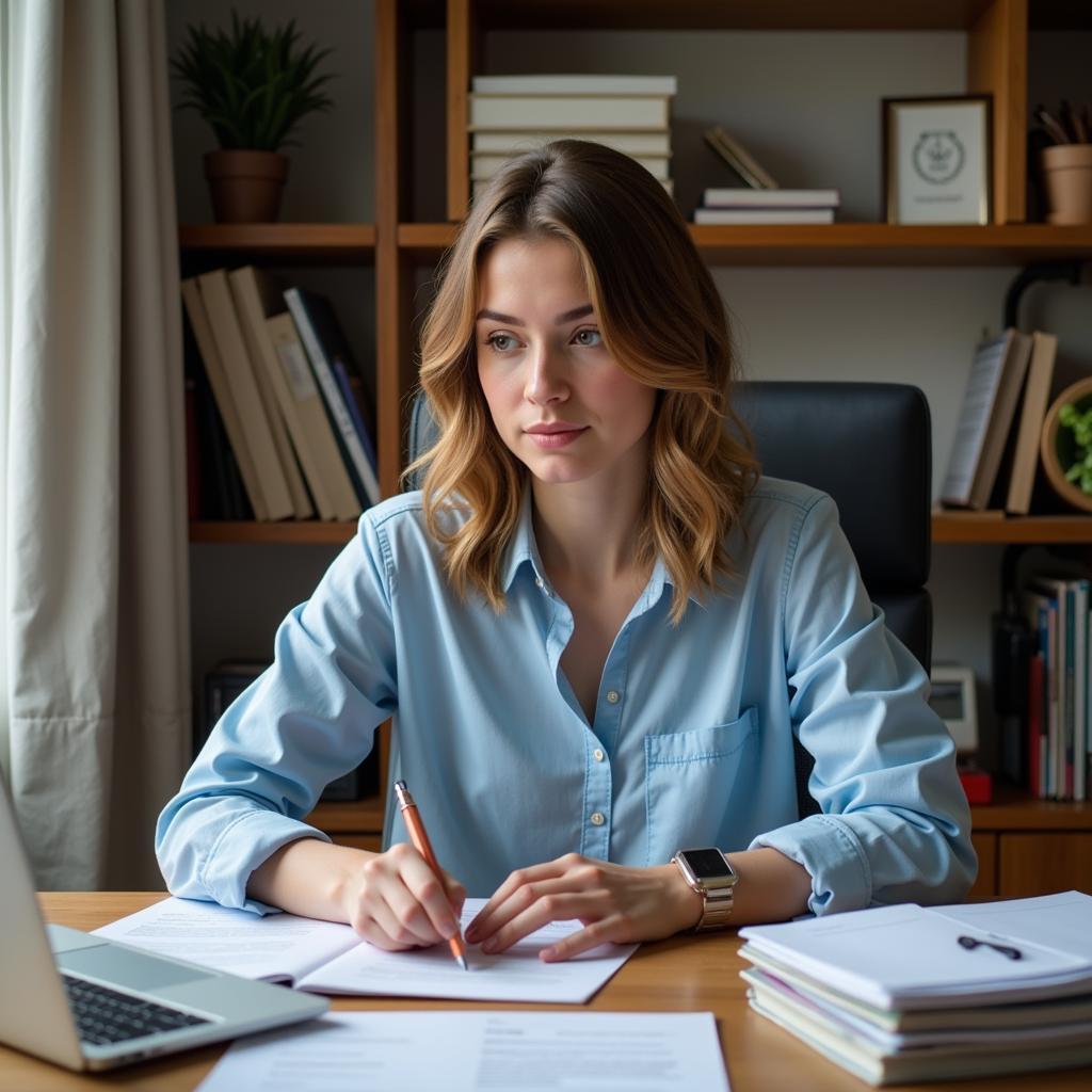 A remote clinical research assistant working diligently from their home office, surrounded by research materials and a computer.