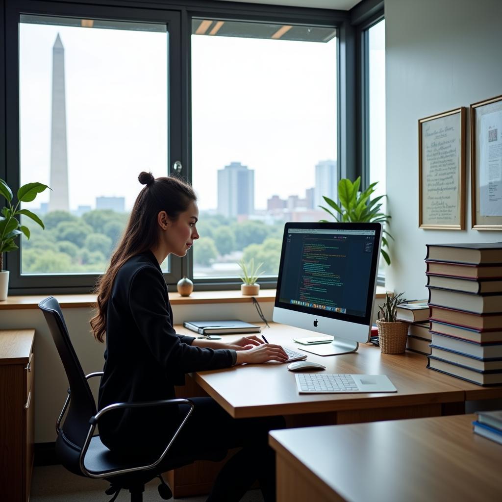 Research assistant diligently working on a project in a modern Washington DC office.