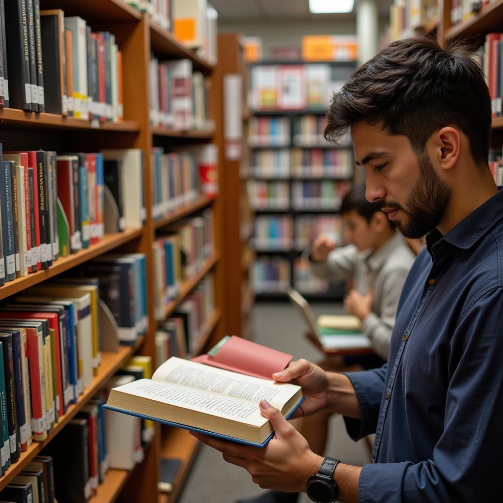 A person browsing through research books, carefully selecting a relevant title.