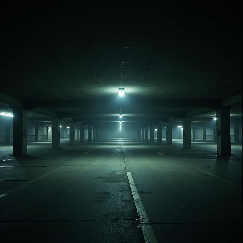 Eerie atmosphere of a dimly lit, empty research drive parking garage at night