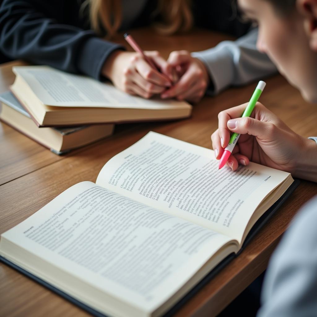 A person taking notes while reading a research book, highlighting key information.