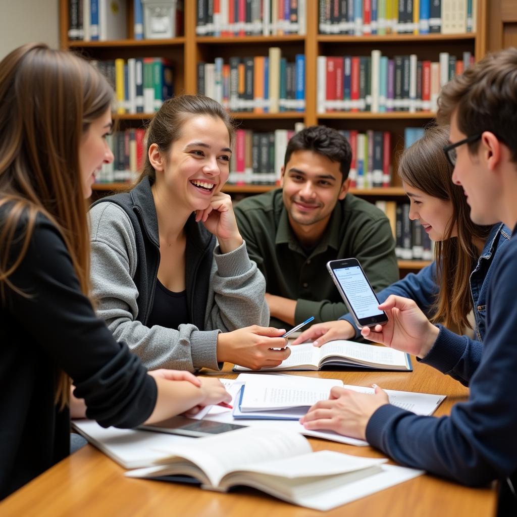 Students using research paper memes as a coping mechanism for stress relief while studying in a library.