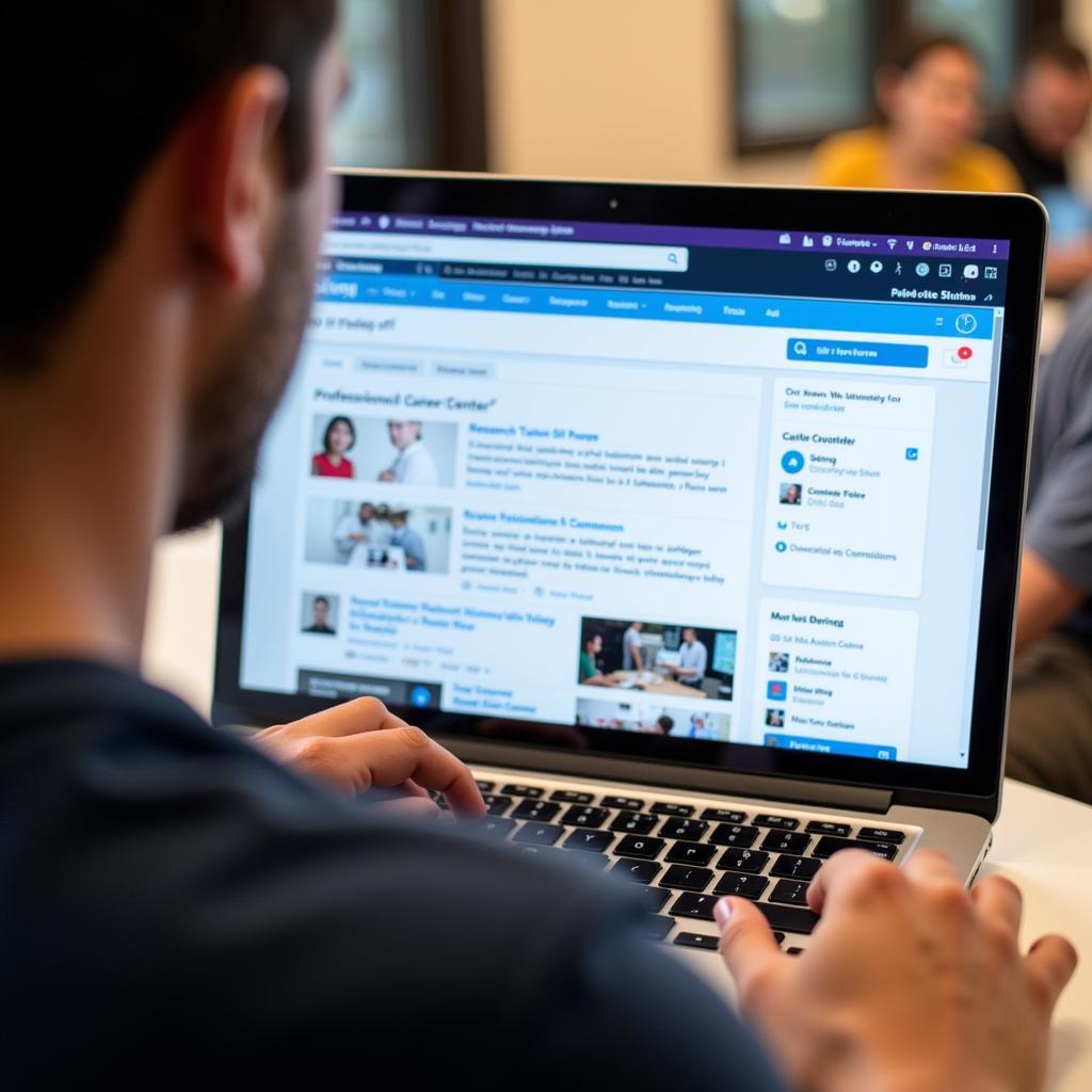 A person searching for research technologist jobs on a laptop, with various job postings and resources visible on the screen.