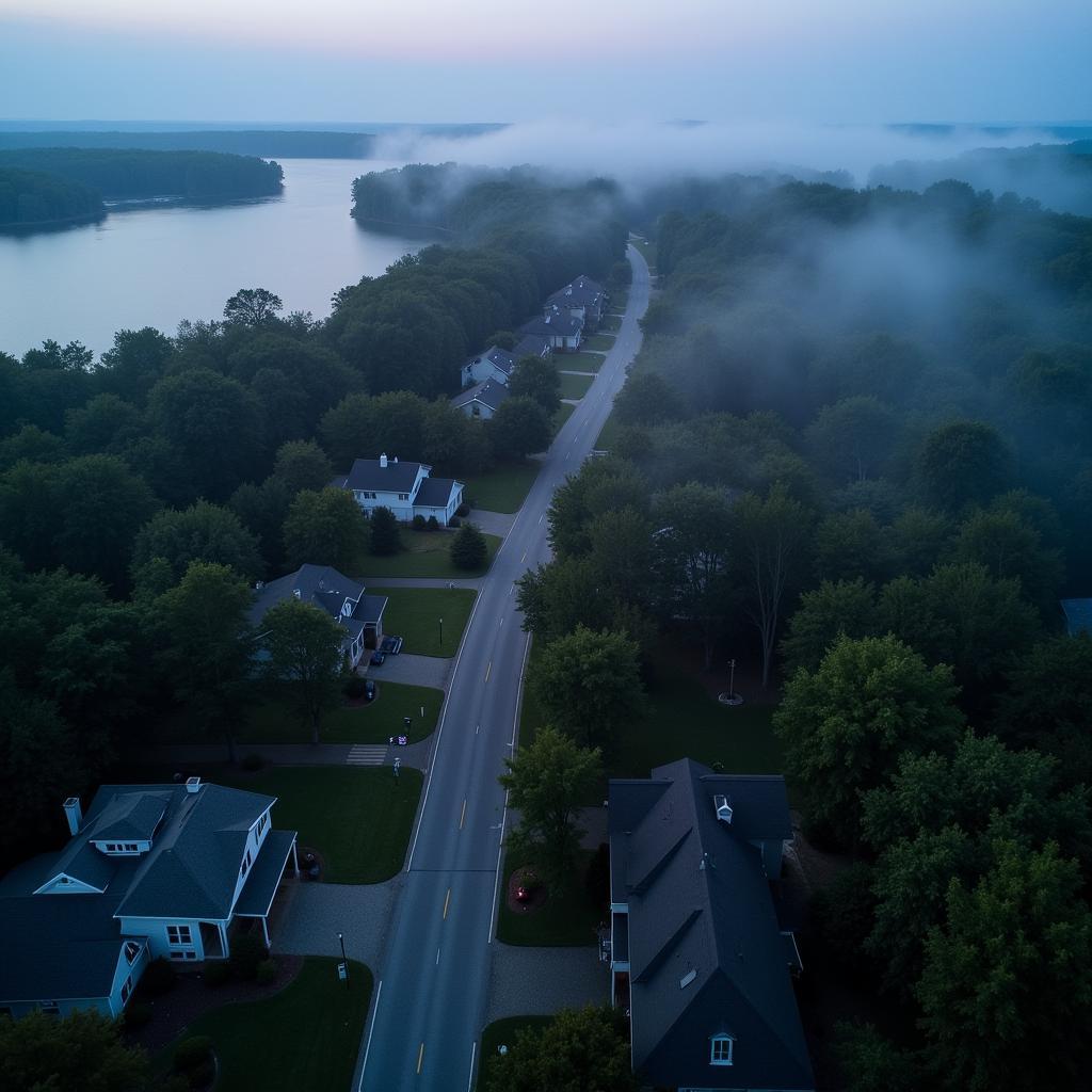 Aerial view of Research Way, East Setauket, highlighting potential paranormal hotspots