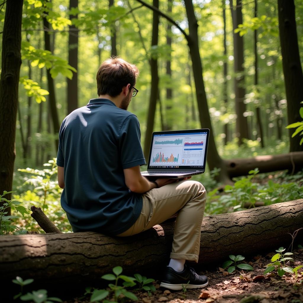 Researcher Analyzing Data in the Woods