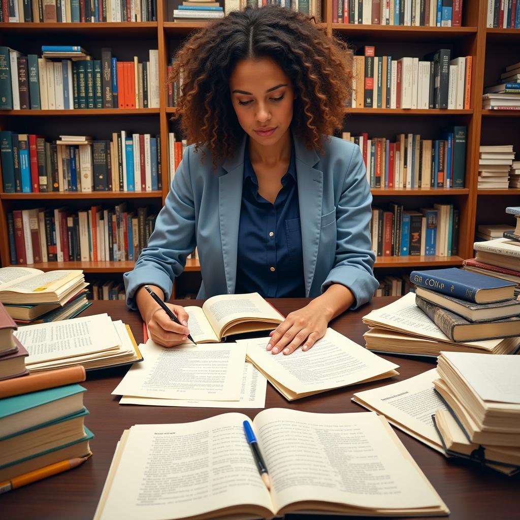 Researcher Carefully Reviewing Sources