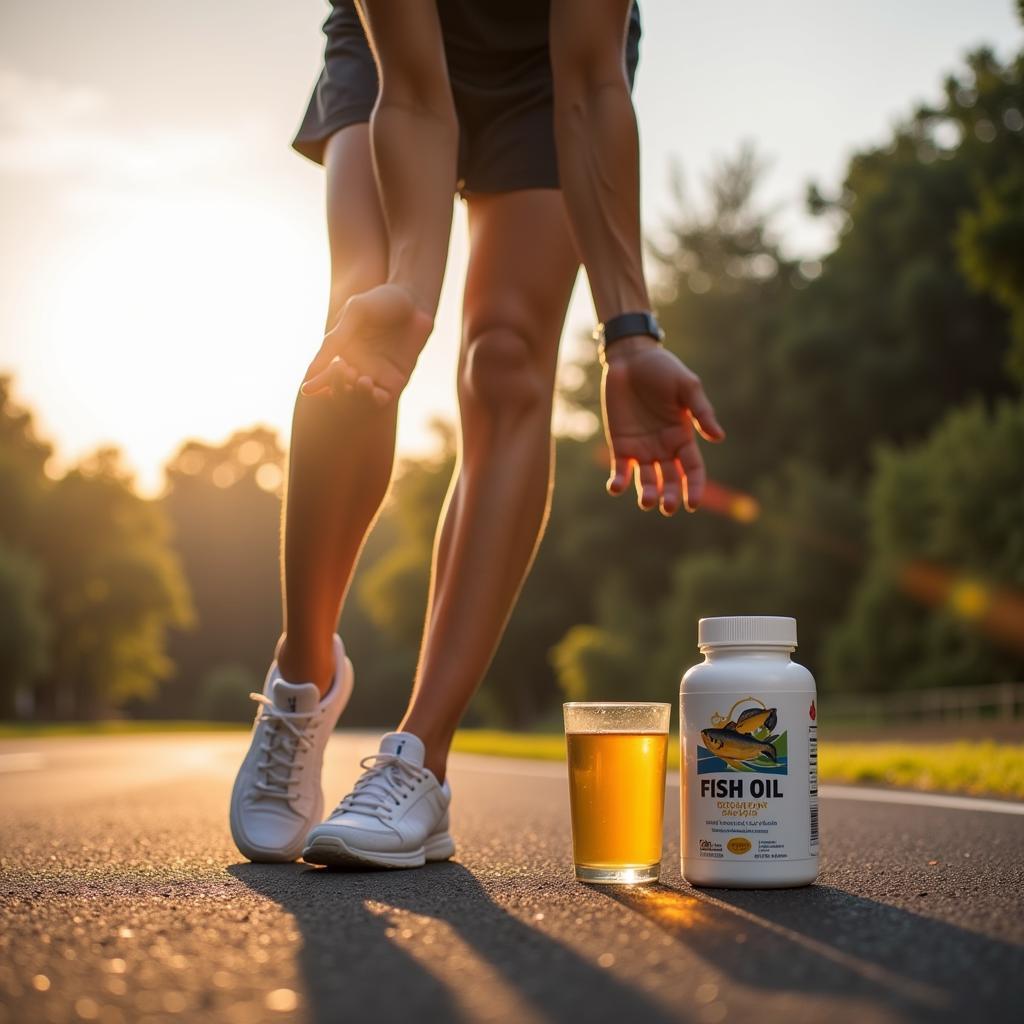 A runner stretching with a bottle of fish oil nearby, symbolizing the importance of supplements for injury prevention and flexibility.