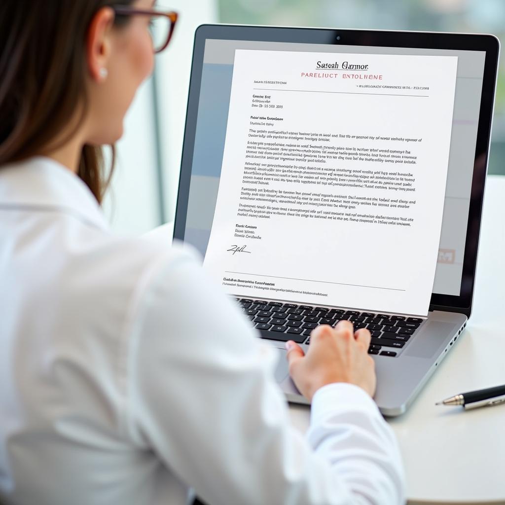 A person reviewing their resume and cover letter on a laptop.