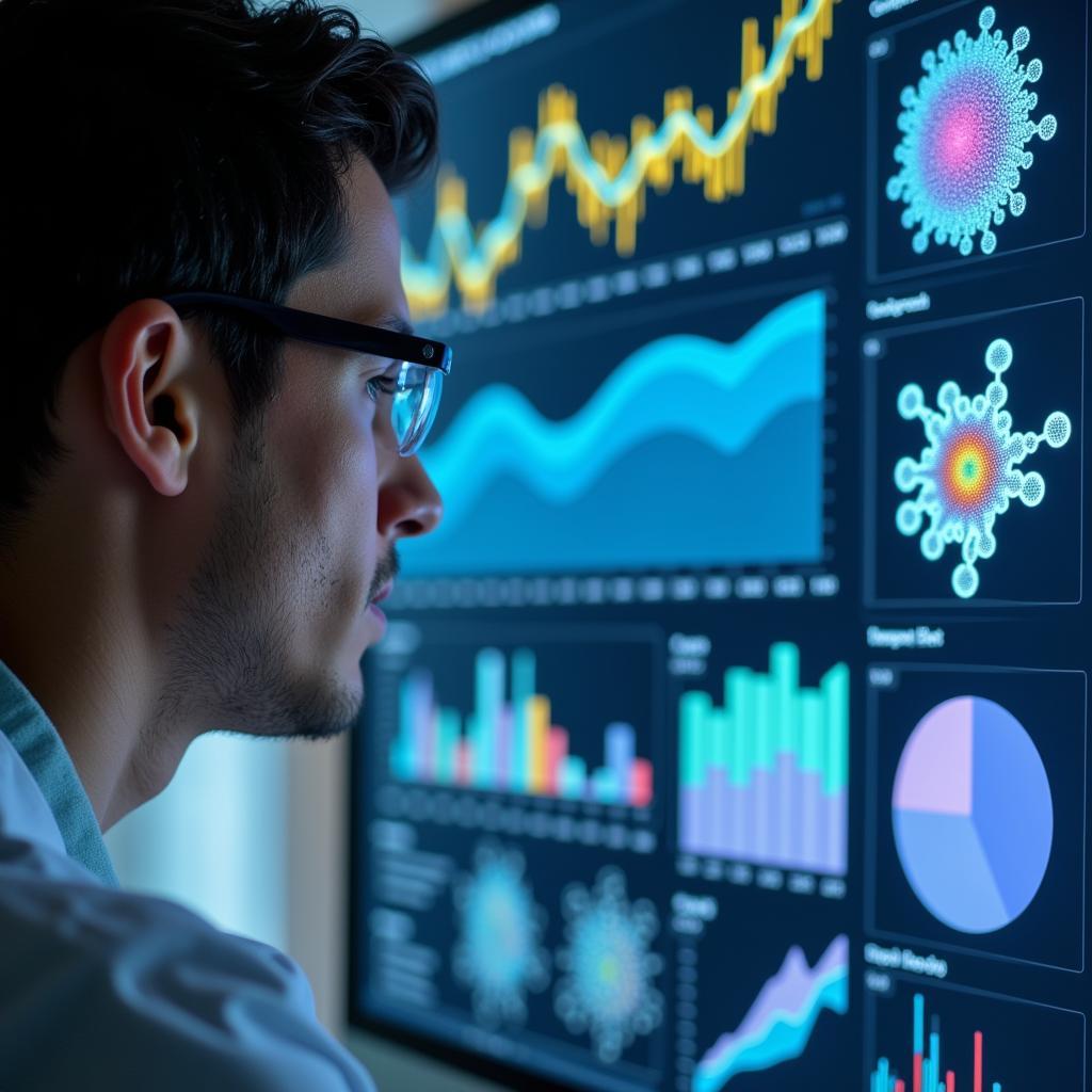 Scientist analyzing chemical research data on a computer