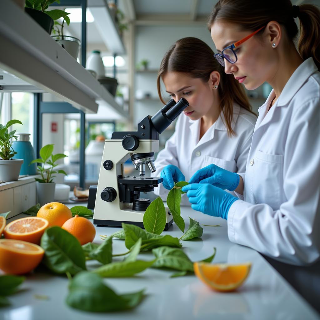 Scientists examining citrus leaves in a laboratory setting