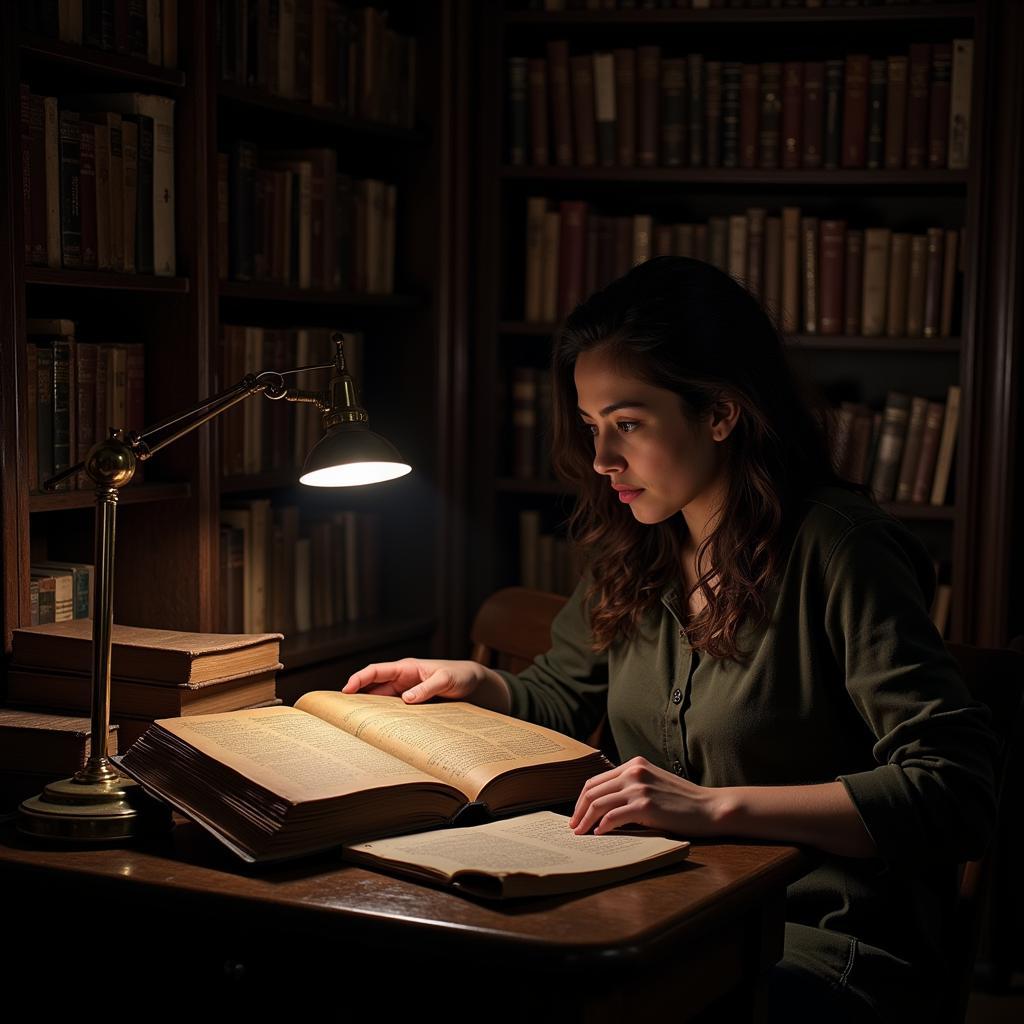 Searching for Belamoore's Journal - A researcher examining dusty tomes in a dimly lit library.