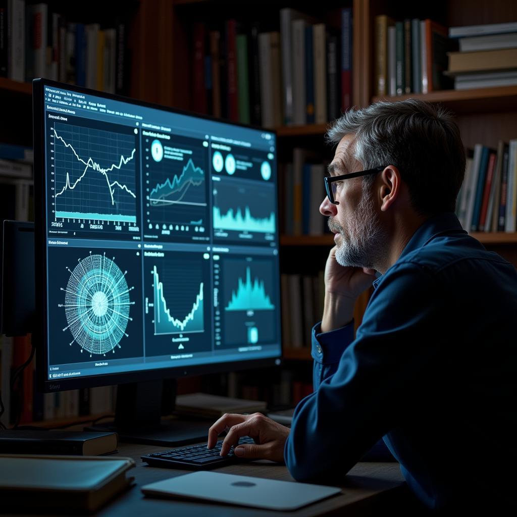 Senior researcher analyzing paranormal data on a computer