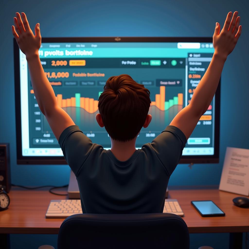 A Sim celebrating after making a successful stock market investment