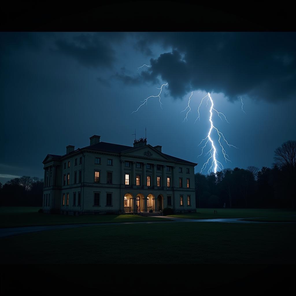 Night view of the Smith Research Building with a dark and stormy sky overhead, adding to the mysterious atmosphere.