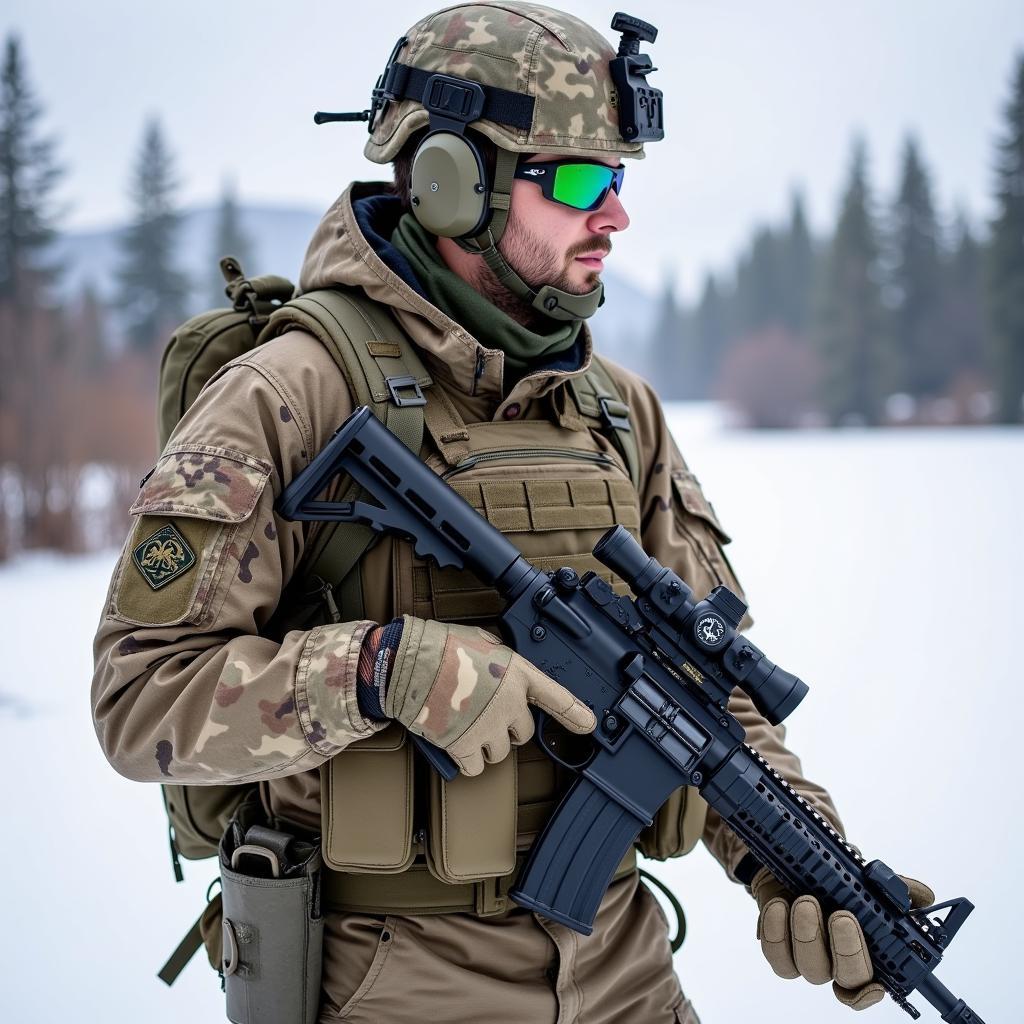 Soldier Wearing Military Mittens in Snow