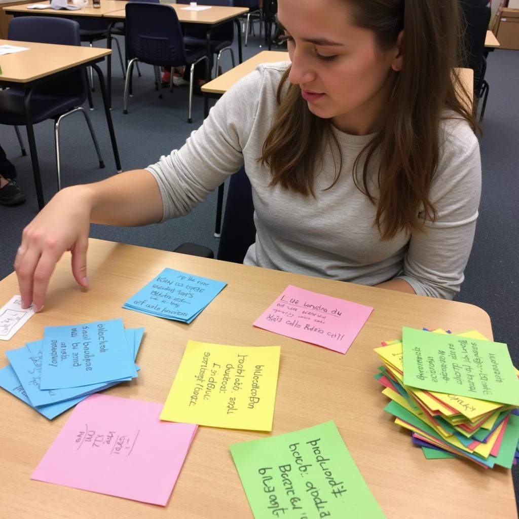 Student organizing research notes using color-coded index cards.