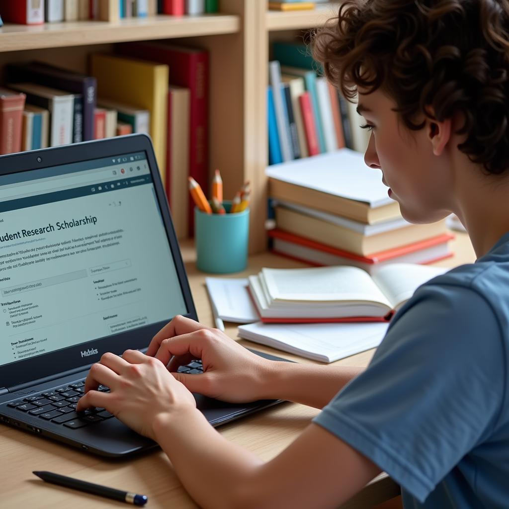 Student diligently working on a scholarship application for a research group