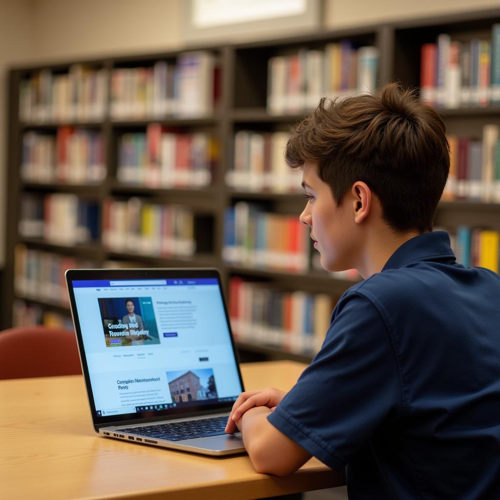 Student researching colleges online using a laptop