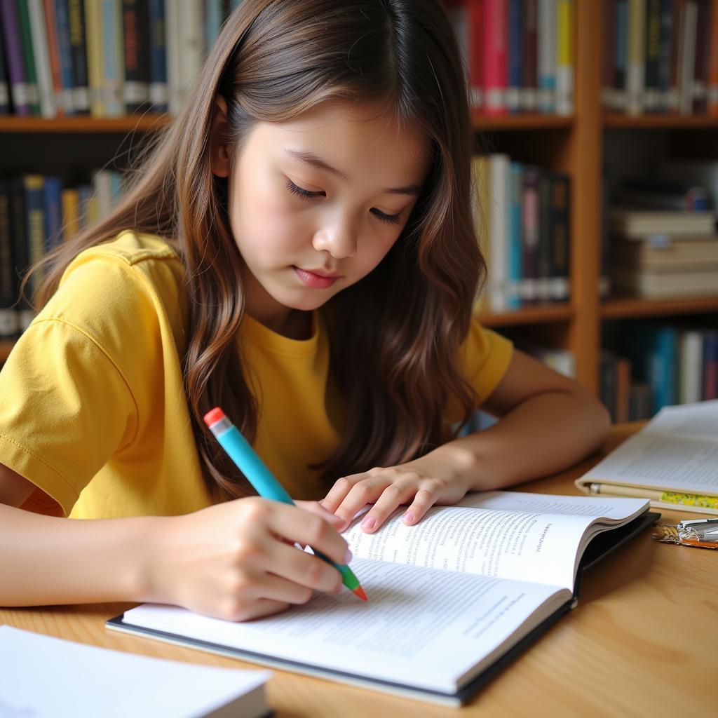 Student actively using research based reading strategies while reading a book