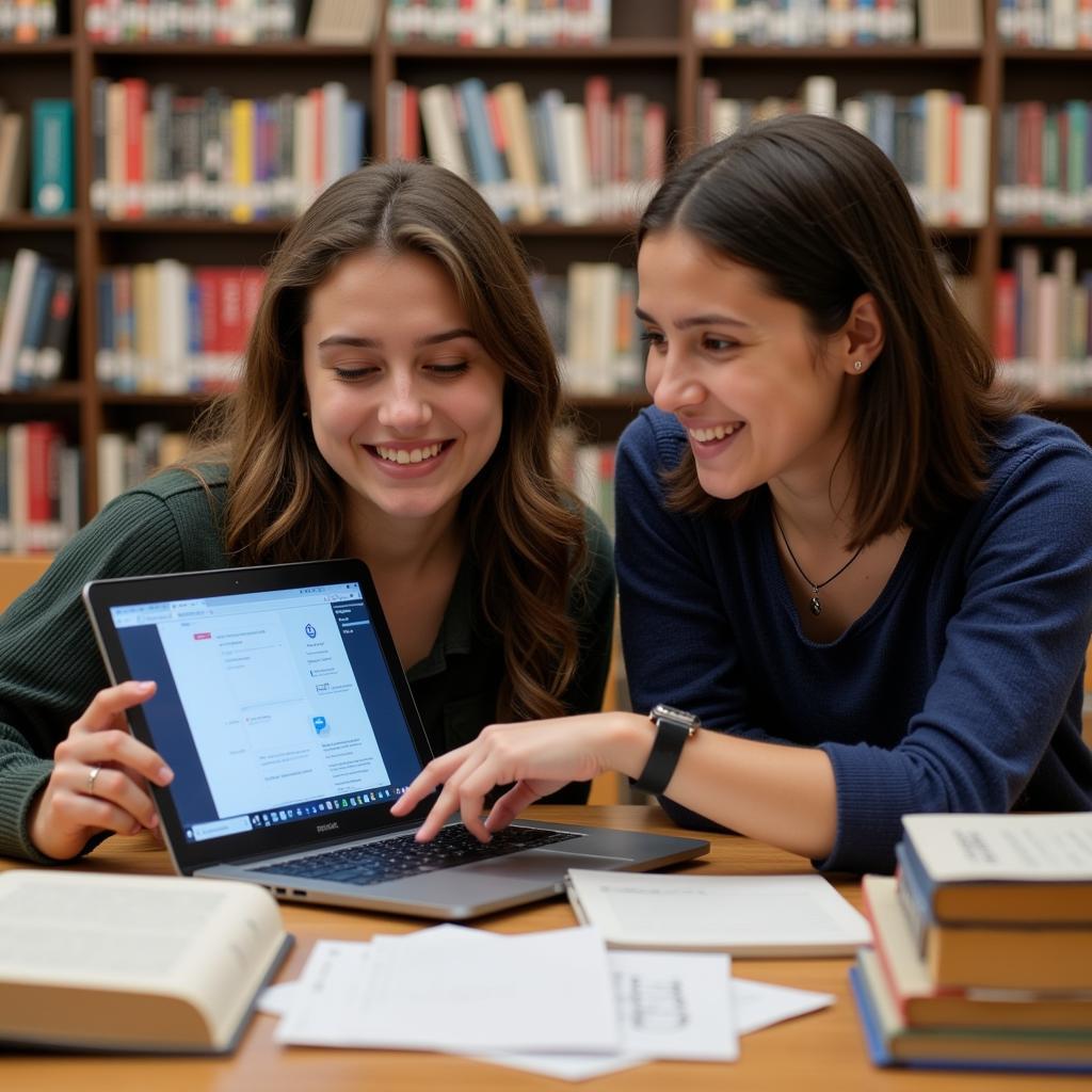 Students collaborating on research in a university library.