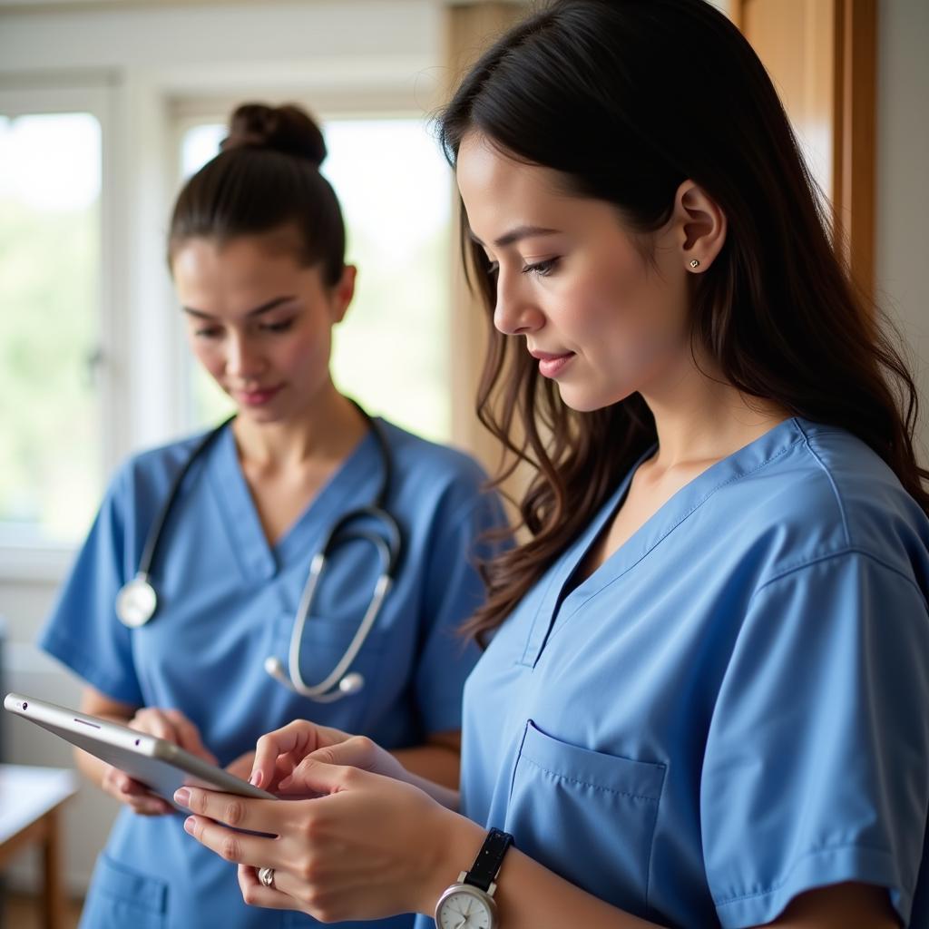 Study nurse reviewing patient data on a tablet after a home visit.