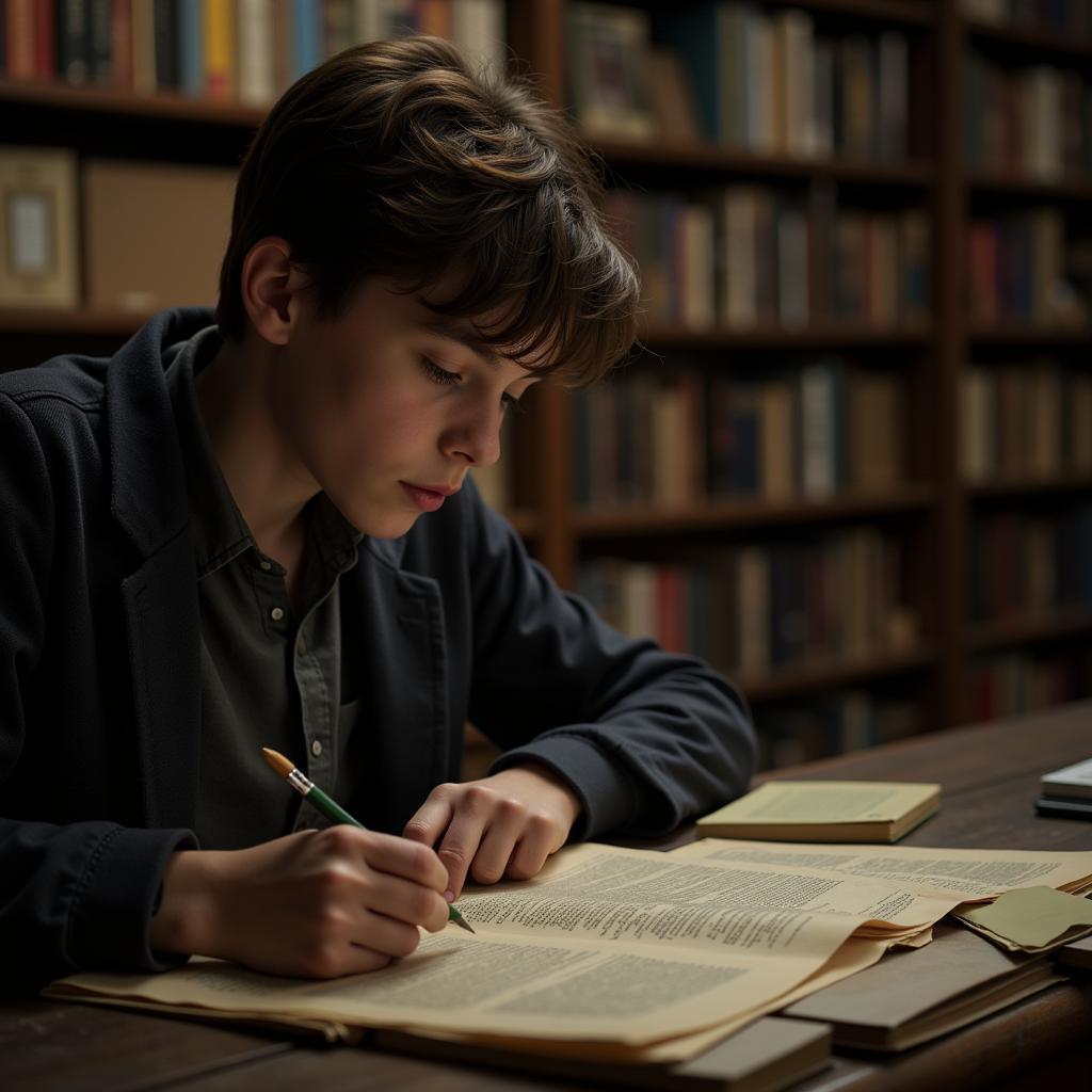 Teenager conducting paranormal investigation research in library archives