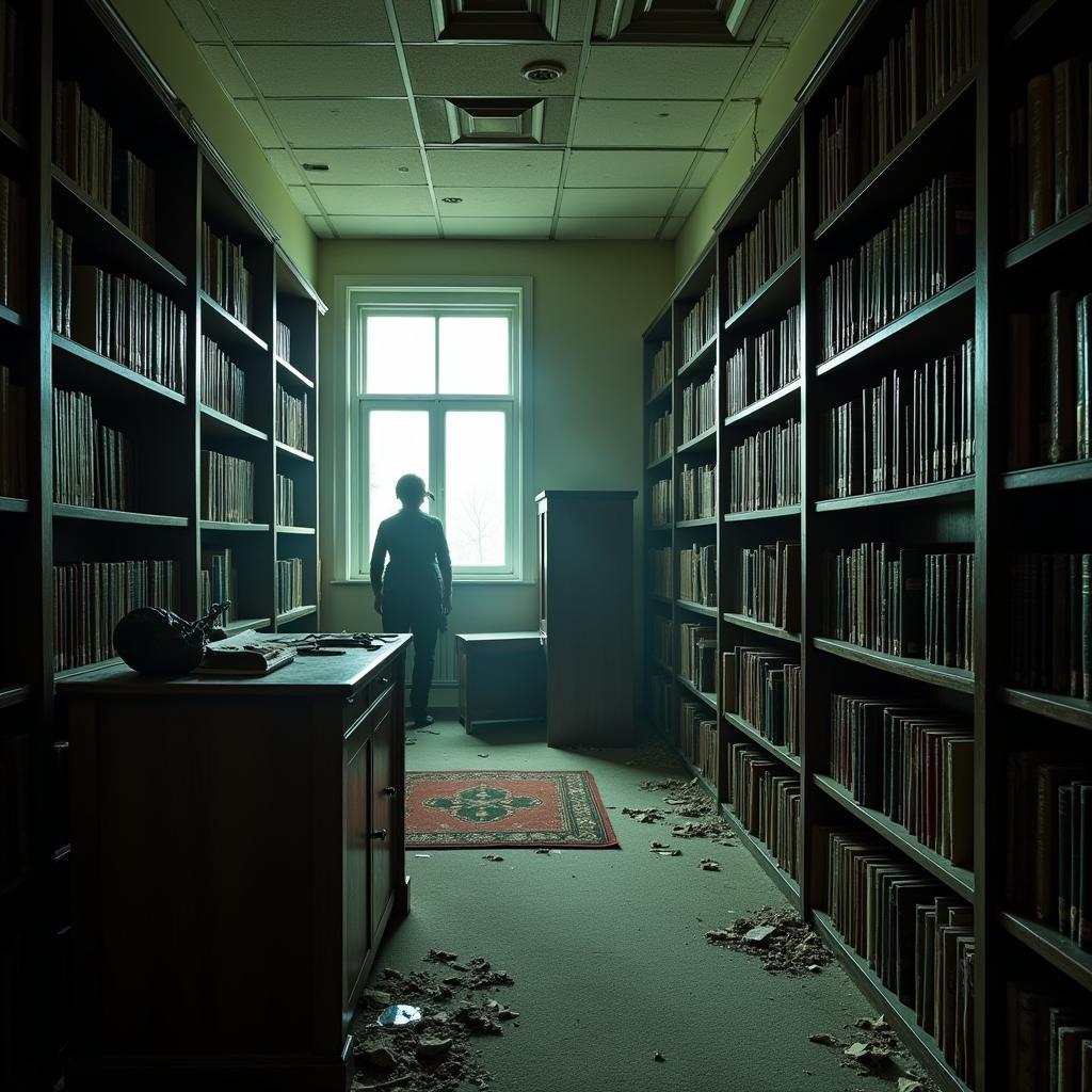 Interior of the abandoned library at Treadwell Research Park with dusty books and a shadowy figure in the background