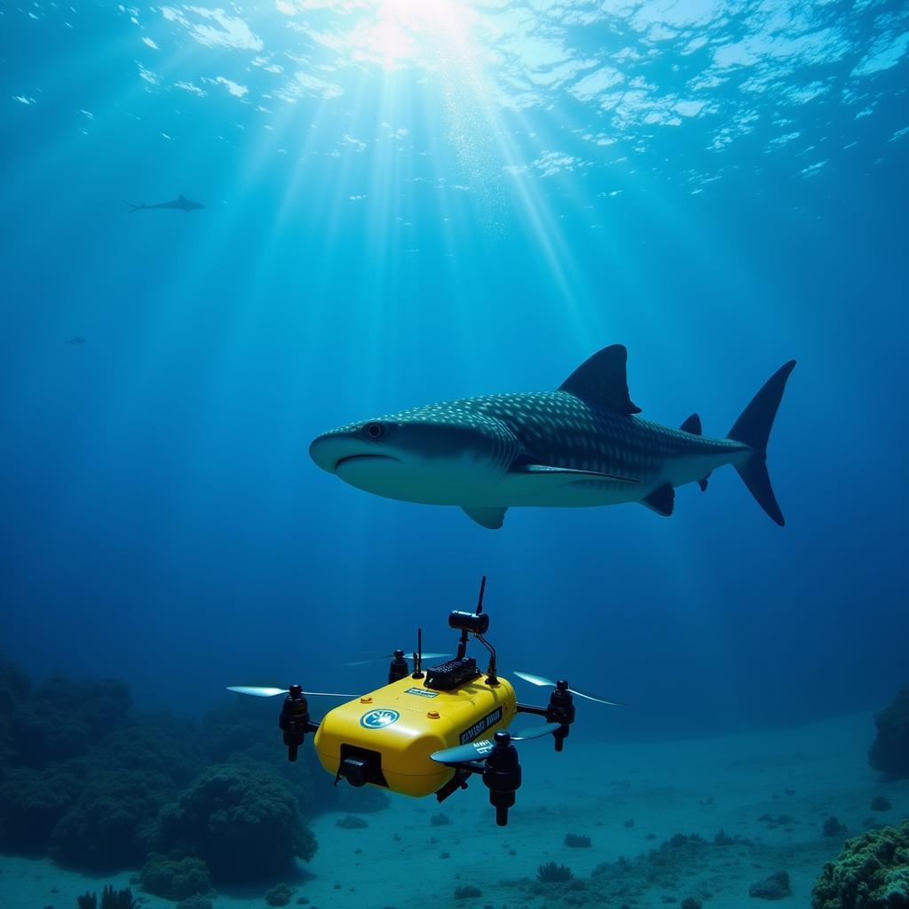 An underwater drone observing a whale shark