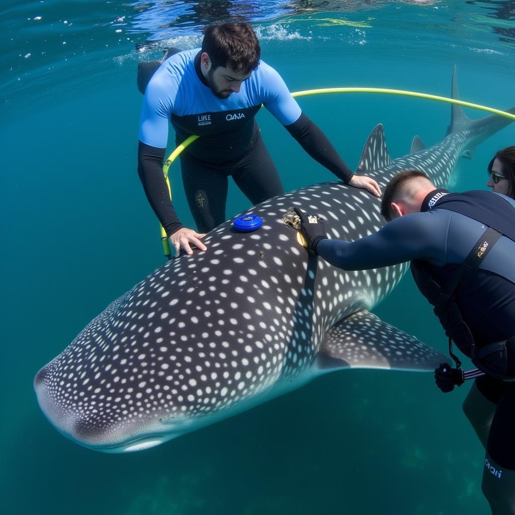 Researchers tagging a whale shark for tracking and research purposes